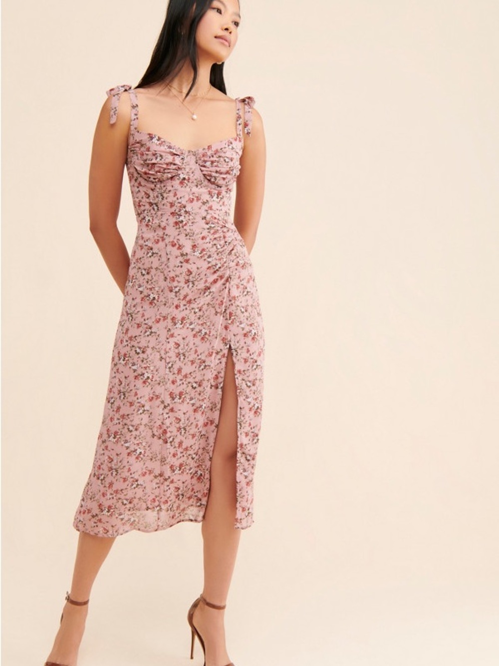 Astr the label Floral Tie-Shoulder Midi Dress Pink size small Ditzy Party